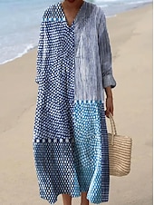 cheap Stripe&amp;Geometric Dress-Women&#039;s Midi Dress Sundress A Line Dress Vacation Casual Boho Going out Beach Graphic Geometric Stripe Long Sleeve V Neck Black Yellow Dark Pink Blue Summer Spring