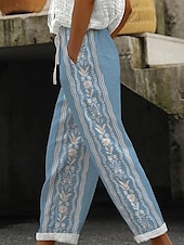 billige Straight-Leg Bukser-Dame kinesisk Ferie Årgang Etnisk stil Full lengde Høy Midje Blomstret Linjer / bølger Elastisk midje Stripe Trykt mønster Myk Utendørs Pustende Mikroelastisk Formell utendørs Feriereise Kamel Svart