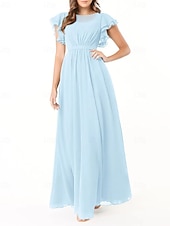 baratos Vestidos para Madrinhas-Vestido de dama de honra em corte A, gola redonda, manga longa, elegante, longo, chiffon com pregas / franzido 2025