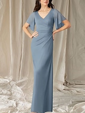 abordables Longueur du plancher-Sirène / Trompette Robe de Mère de Mariée  robe demoiselle d honneur Élégant Doux Col en V Longueur au sol Chiffon Manche Courte avec Fronces 2025