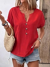 economico Top Semplici da Donna-Per donna Blusa Tinta unica Semplice Elegante Vintage Casual Manica Corta Scollo a V Collo a V Top Regolari Quotidiano Ferie Bottoni Bianco Rosso Blu marino Arancione Beige Estate Primavera
