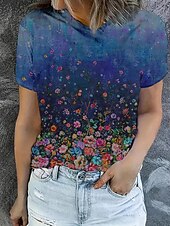 billige Blomster t-skjorte-Dame T skjorte Sommertopper Blomstret Grafisk Klassisk Fritid Kortermet Crew-hals Crop Tops Daglig Helg Trykt mønster Marineblå Sommer Vår Høst