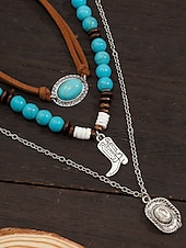 cheap Women&#039;s Necklace-Women&#039;s Western Layered Turquoise Beaded Necklace Set – Boho Statement Jewelry with Cactus &amp; Teardrop Charms, Ideal for Festivals, Country Concerts and Casual Wear