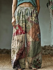 cheap Wide Leg &amp; High Waisted-Women&#039;s Wide Leg Chinos Baggy Pants Vacation Vintage Ethnic Style Full Length High Waist Floral Graphic Printing Thermal Warm Breathable Soft Micro-elastic Vacation Street Causal claret Deep Green