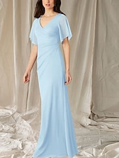 abordables Longueur du plancher-Sirène / Trompette Robe de Mère de Mariée  robe demoiselle d honneur Élégant Doux Col en V Longueur au sol Chiffon Manche Courte avec Fronces 2025
