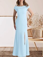 preiswerte Bodenlänge-Meerjungfrauenschnitt Brautmutterkleid Hochzeitsgast Elegant Süß Rundhalsausschnitt Bodenlang Spitze Stretchstoff Kappenärmel mit Spitze Geteilter Vorderteil 2025