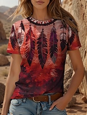 billige Boho t-skjorte-Dame T skjorte Nyanse Grafisk Årgang Stilfull Klassisk Kortermet Crew-hals Rund hals Vanlige topper Daglig Helg Trykt mønster Gul Rød Blå Lilla Grønn Sommer Vår