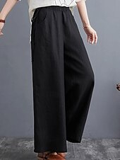 abordables Pantalón liso de lino y algodón-Mujer Pantalones de lino y algodón pantalones Ropa de calle Casual Longitud total Cintura Media Plano Bolsillo Cintura elástica Al Aire Libre Cómodo Ropa Cotidiana Noche Albaricoque Negro Azul Morado