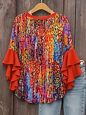 preiswerte Damen Kunst- und Design-Oberteile-Damen Bluse mit gestuften Rüschensäumen Grafik Geometrisch Abstrakt Täglich Stilvoll Lässig 3/4-Ärmel V-Ausschnitt Reguläre Oberteile Tägliches Urlaubsbekleidung Druck Pink Rot Blau Lila Sommer