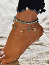 abordables Pulsera de mujer-Tobillera con cuentas turquesas para mujer y dijes chapados en oro: joyería bohemia de playa para vacaciones de verano y festivales.
