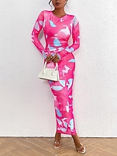 olcso Elegáns virágos ruhák-Női Midi ruha Boho esküvői vendégruha Elegáns Csehország Szexi Bodycon ruha Nyomtatott Hosszú ujj Terített nyak Világossárga Világos rózsaszín Bíborvörös aqua kék Tavasz Ősz