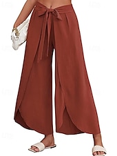abordables Pantalón liso de lino y algodón-Mujer Pantalones de lino y algodón pantalones Casual Longitud total Cintura Media Plano Cintura elástica Separado Al Aire Libre Cómodo Festivos Ropa Cotidiana Fin de semana Albaricoque PEC Celeste