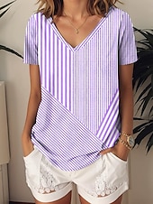 billige Boho t-skjorte-Dame T skjorte Grafisk Geometrisk Stripet Årgang Stilfull Etnisk Kortermet V-hals Vanlige topper Daglig Ut på byen Strand Klær Trykt mønster Rosa Blå Lilla Grønn Grå Sommer Vår