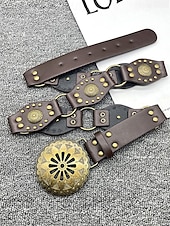 cheap Women&#039;s Belt-Women&#039;s Bohemian Western cowboy style belt with antique brass flower buckle, Adjustable tightness, Suitable for retro fashion, Casual or festival wear