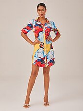 billiga tryck avslappnad klänning-satin konstnärlig stilleben tryck maxi skjortklänning