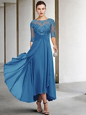 voordelige Vloerlengte-A-Lijn Moeder van de Bruid Jurk Bruidsgast Elegant Plus Size Hoog Laag V-Hals Asymmetrisch Enkel Lengte Chiffon Kant Halve Mouw met Beading Applicaties gratis maatwerk