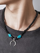 cheap Men&#039;s Jewelry-Men&#039;s Lava Rock Beaded Necklace with Turquoise and Crescent Moon Pendant - Boho Style, Adjustable Length, Unisex for Casual Wear, Outdoor and Daily Use
