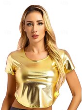 levne Topy-Retro 80. léta Trička Krátký top Disko Lesklý latexový patent Kov Maškarní kostým Dámské předvečer Všech svatých Karneval hudební festival Pride Parade Měsíc hrdosti Dospělé Tričko Léto
