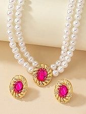 ieftine Colier de damă-Set colier și cercei vintage pentru femei, cu perle – bijuterii elegante din mărgele duble și accente ovale aurii pentru doamne, ideale pentru nunți, petreceri și ocazii formale