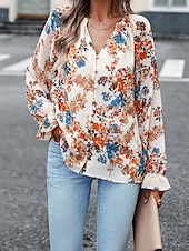 billige Boho topper-Dame Boho skjorte Bluse Blomsternål i krystall Moderne Bohem Langermet V-hals Vanlige topper Daglig Ut på byen Trykt mønster Svart Navyblå Blå Aprikos Sommer
