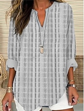 economico Top a Righe e Geometrici per Donne-Per donna Camicia Camicia in cotone e lino Blusa Grafico A righe Quotidiano Hawaiano Affari Manica Lunga Scollo a V Top Regolari Lavoro Quotidiano Ferie Bottoni Stampato Blu Grigio Azzurro Estate