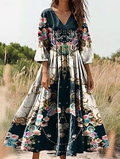preiswerte Boho Kleider-Damen Maxikleid Sommerkleid A Linie Kleid Faltenkleid Urlaub Lässig Boho Ausgehen Lässiger Schnitt Blumen Grafik Dreiviertelarm V Ausschnitt Schwarz Gelb Blau Grün Sommer Frühling