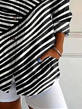 economico Top a Righe e Geometrici per Donne-Camicia da donna Button Down Tunic Camicia colletto manica lunga grafica geometrica a righe vintage tropicale quotidiano regolare tops lavoro quotidiano s stampa nera primavera