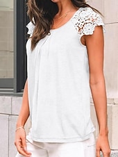 billiga Enkel t-shirt-Damernas T-shirt Enfärgad Plain Mode Stilig Klassisk Korta Ärmar Rund Halsringning Regelbundna Toppar Daglig Helg Spets Lappar Svart Blå Grön Khaki Sommar