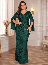economico VERDE-Abiti Plus Size Sirena  Tromba Elegante Abito Curvilineo Formale Matrimonio Lunghezza Piena a Manica Lunga con Scollatura a V in Paillettes con Paillettes