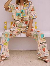 economico Set in cotone e lino-Per donna Moda Streetwear Camicie di cotone e lino Set di biancheria in cotone Set di Pantaloni Manica Corta Colletto a Camicia Frutta Stampato Abbigliamento quotidiano Data Cachi Estate Vestibilit