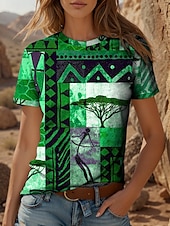 Χαμηλού Κόστους Boho t-shirt-Γυναικεία Μπλουζάκι Γραφική Γεωμετρικό Συνδυασμός Χρωμάτων Βοημία Βίντατζ Etnic Κοντομάνικο Στρογγυλή Ψηλή Λαιμόκοψη Στρογγυλή Λαιμόκοψη Κανονικά μπλουζάκια Καθημερινά Εξόδου Σαββατοκύριακο Στάμπα