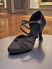 abordables Chaussures de danses latines-Chaussures de danse de salon croisées en satin noir pour femmes - Talons mi-hauts classiques pour danseuses professionnelles et danseuses sociales