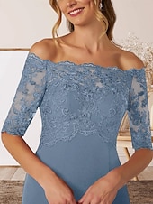cheap Floor Length-A-Line Mother of the Bride Dress Wedding Guest Elegant Off Shoulder Floor Length Chiffon Half Sleeve with Lace