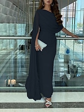 preiswerte BLAU-Sheath Abendkleid elegantes Kleid formelles Fall-Sweep-/Pinselzug ärmelloses Cowl-Ausschnitt Chiffon mit Feder Raffung Schlitz 2025