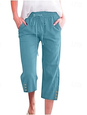 baratos Calça de linho de algodão simples-Mulheres Calças de linho de algodão Calças Capri Calças Moda Roupa de rua Comprimento da panturrilha Natural Tecido Bolsos Design de cordão elástico Confortável Exterior Rua Para Noite clarete Azul