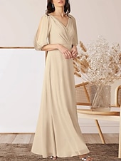 preiswerte Bodenlänge-A-Linie Brautmutterkleid Hochzeitsgast Elegant V Ausschnitt Bodenlang Chiffon Halbarm mit Raffung 2025