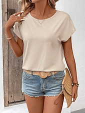 preiswerte Einfarbiges T-Shirt-Damen T-Shirt Einfarbig Einfach Mode Modern Lässig Kurzarm Rundhalsausschnitt Regulär Oberteile Täglich Wochenende Spitze Patchwork Schwarz Weiß Pink Khaki Sommer
