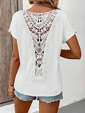 preiswerte Einfarbiges T-Shirt-Damen T-Shirt Einfarbig Einfach Mode Modern Lässig Kurzarm Rundhalsausschnitt Regulär Oberteile Täglich Wochenende Spitze Patchwork Schwarz Weiß Pink Khaki Sommer