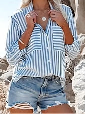 ieftine Bluze simple-Pentru femei Cămașă de vară Cămașă casual Bluză Buzunar Nasturi Imprimeu Geometric Dungi Epocă Tropical Stilat Manșon Lung Răsfrânt Topuri obișnuite Zilnic Muncă Plajă Albastru piscină Galben Roz