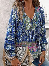 cheap Boho Tops-Women&#039;s Boho Shirt Blouse Flower Modern Boho Long Sleeve V Neck Regular Tops Daily Going out Print Yellow Pink Navy Blue Blue Orange Summer