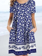 ieftine Rochii Boho-Pentru femei Rochie Mini Rochie florala Rochie Boho Clasic În aer liber Vacanță Zilnic Fit regulat Floare Manșon scurt Stil Nautic Albastru piscină Vară