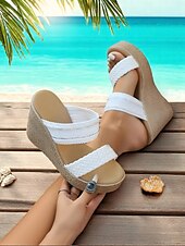 olcso Nyári szandálok-Női fonott platformos éktalpú szandál – barna pántos kivitel többszínű gyöngyös részletekkel strandra, hétköznapokra és nyaralásra egyaránt.