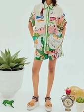 abordables Ensembles-Femmes Mode Streetwear Chemises en coton et lin Ensembles en coton et lin Ensembles de Shorts Manche Courte Col de chemise Graffiti Imprimé Tenue quotidienne Date Vert Été Coupe régulière