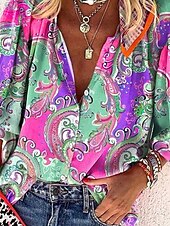 billige Boho t-skjorte-Dame Bluse Grafisk Paisly Fargeblokk Bohem Daglig Fritid 3/4 ermer Høyhalset Vanlige topper Knapper Trykt mønster Gul Lilla Oransje Sommer Vår