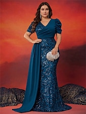 preiswerte BLAU-Meerjungfrau  Trompete Plus Size Kleider Elegantes Kurvenkleid Formelles Hochzeitskleid Bodenlang Kurzarm V-Ausschnitt Pailletten mit Pailletten 2025