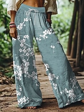 abordables jambe large et taille haute-Femmes Jambe large Chinos Pantalons Amples Vacances ancien Mode Longueur complète Taille haute Fleuri Graphique Impression Respirant Doux Micro-Élastique Formel Vacances Rue Violet Vert Gris Ét