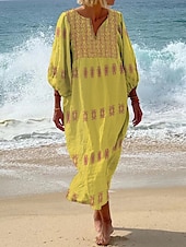 preiswerte Boho Kleider-Damen Maxikleid Shiftkleid Lässig Strand Normale Passform Blumen Dreiviertelarm V Ausschnitt Weiß Gelb Blau Grün Sommer