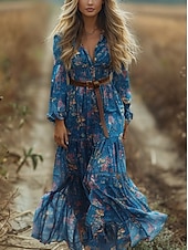 abordables Robes Bohémiennes-Femmes Robe Longue Maxi Robe Robe Décontractée Robe évasée Robe d&#039;été Robe bohème ancien Vacances Quotidien Fête Coupe régulière Fleuri manche longue Col en V Bleu Été