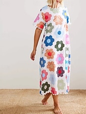 ieftine proiectează rochii din bumbac și in-Pentru femei Rochie Lunga Rochie Maxi Rochii de in bumbac Rochie casual Modă În aer liber Petrecere Concediu Fit regulat Floare Manșon scurt Stil Nautic Alb Vară