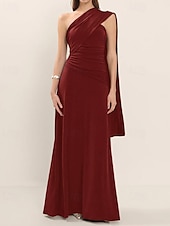 preiswerte BLAU-A-Linie Abendkleid Elegant Kleid Formell Hochzeitsgast Bodenlang Ärmellos Ein-Schulter Jersey mit Gerafft 2025